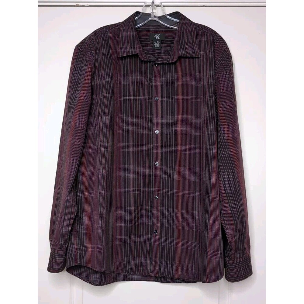 Calvin Klein Shirt Men's Size L Burgundy Plaid Long Sleeve Button Up